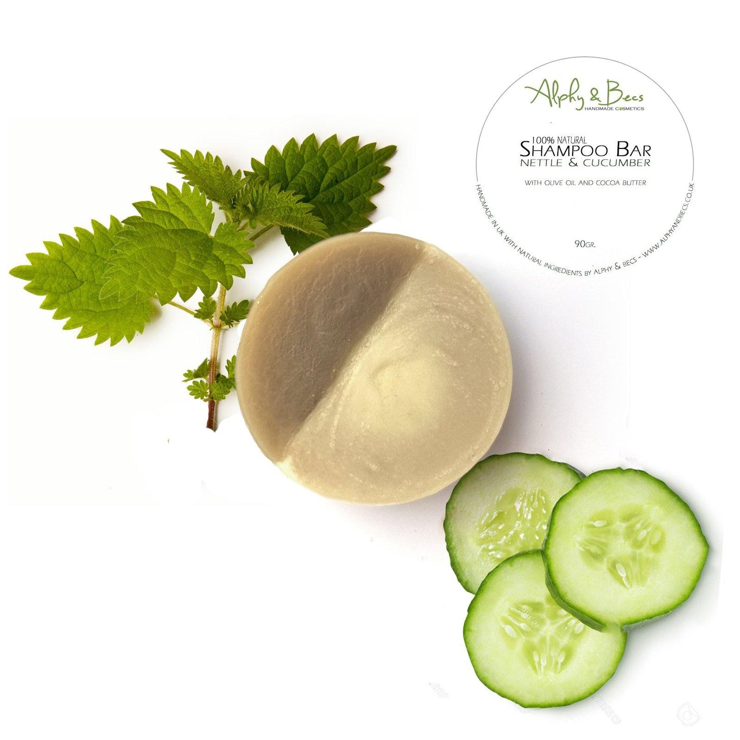 Natural Shampoo Bar - Nettle & Cucumber witn Olive Oil and Cocoa Butter - 90gr. - Alphy & Becs